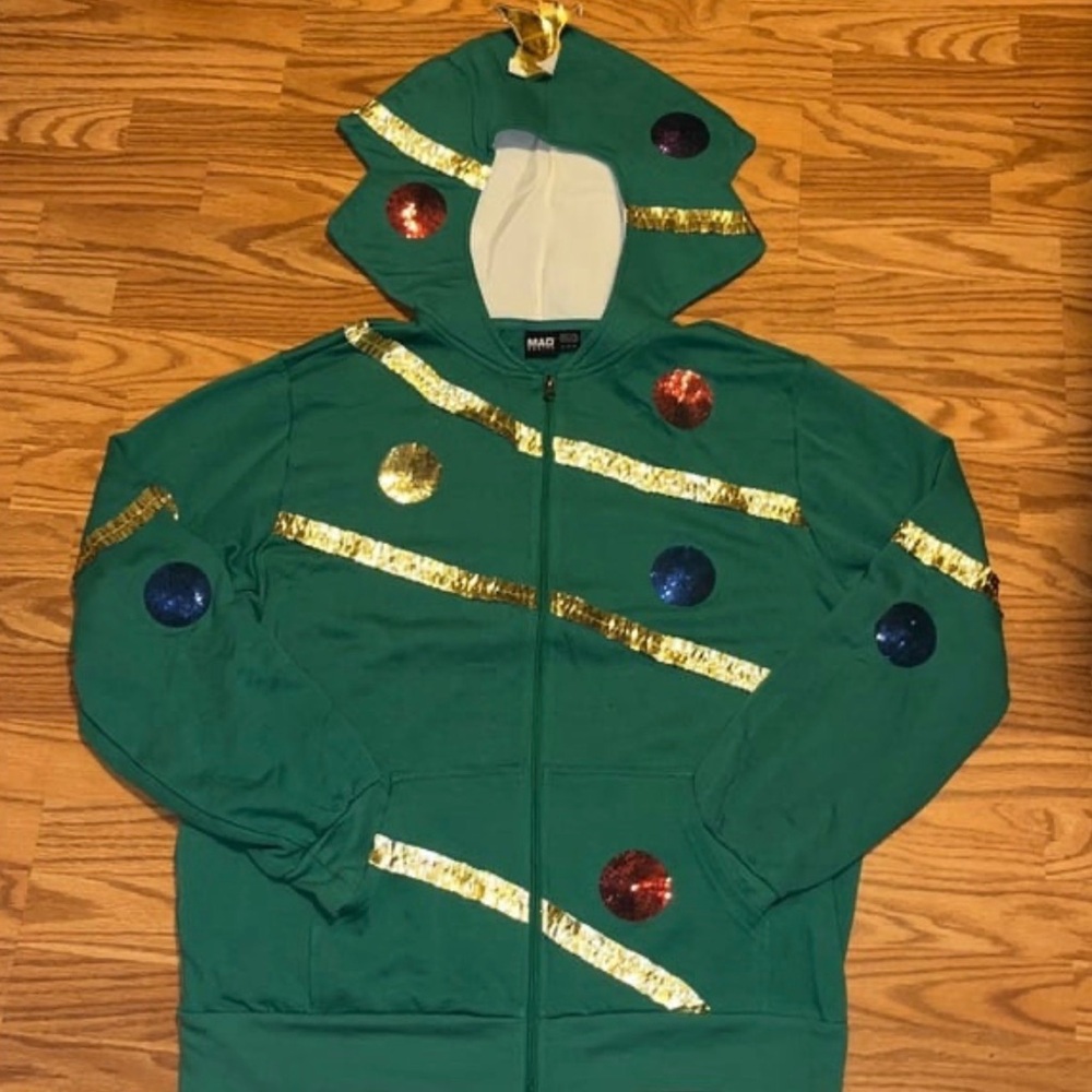 Mad Engine Extreme Christmas Tree Hoodie XL round sequins Green Full Zip